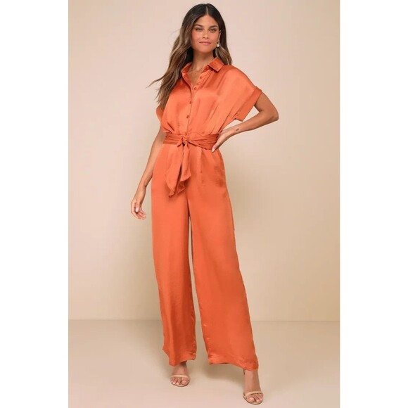 Tori Burgundy Satin Tie-Front Button-Up Collared Jumpsuit - Picture 1 of 4